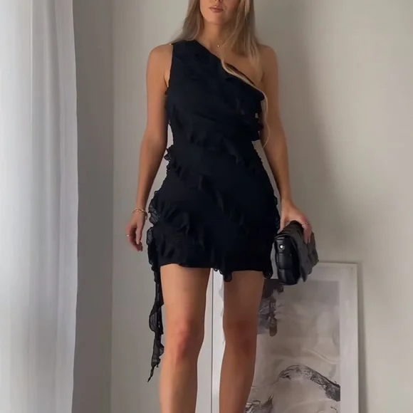 ZARA Asymmetric Ruffled Mini Dress - Picture 2 of 7